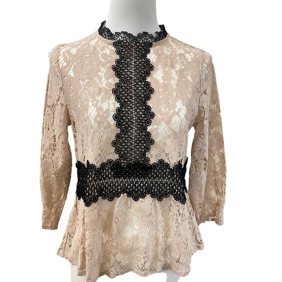 Zara Beige & Black Contrast Trim Lace Peplum Blouse Femme Old Money Style Size S - Picture 3 of 9